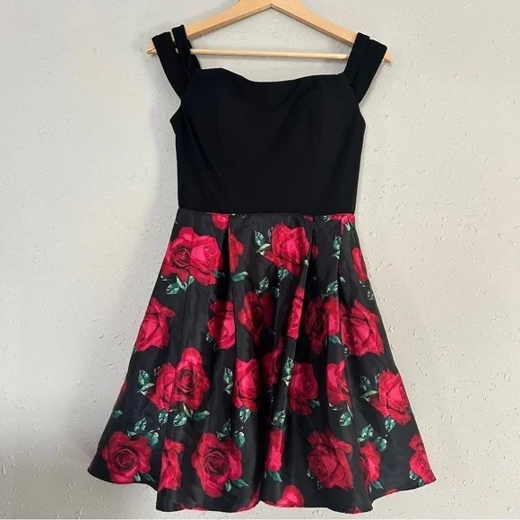 Blondie Nites Split Sleeve Printed Charmeuse Fit Flare Dress Formal Rose Vintage - Picture 2 of 10